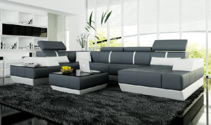 Leather sofa + USB Living landscape Sofa Corner sofa Corner leather couch Poster Corner Couch new