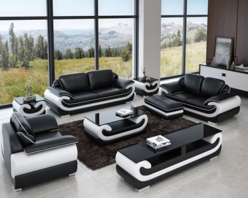Classic Leather Sofa Suite Complete Set 8 pcs. Living room Set Table Stool