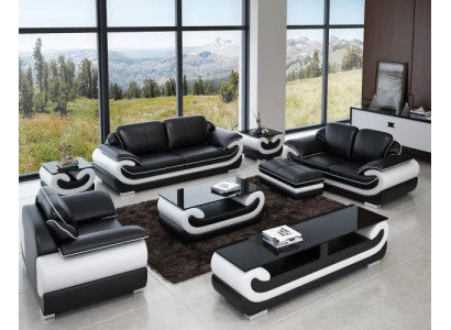 Classic Leather Sofa Suite Complete Set 8 pcs. Living room Set Table Stool