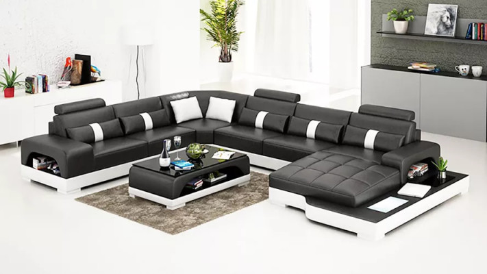 Modern sofa Corner sofa U-shape Coffee table Leather sofa Corner sofa Upholstery Orange luxury
