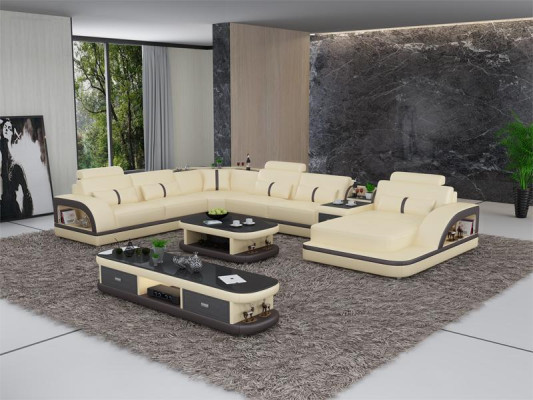 Sofa set + USB Luxury Designer Couch Upholstery 3+2+1 Leather Sofa Seat Beige NEW