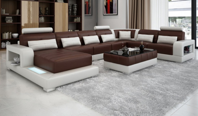 XXL Big Living landscape Sofa with USB Upholstery Leather Sofa Suite Couches Light