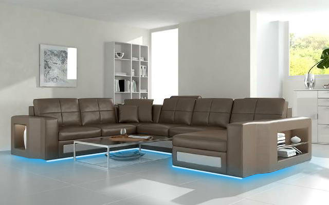 Design Living landscape Leather sofa Corner sofa Corner sofa Upholstery Sofa Corner USB + LED