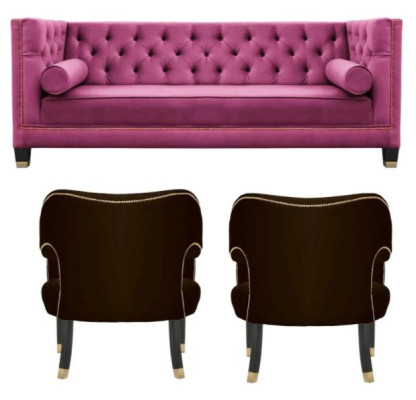 Pink Chesterfield 2 Armchairs Black Textile Modern Design Luxury Furniture Sofa Set new