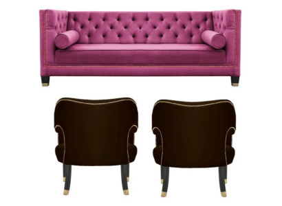 Pink Chesterfield 2 Armchairs Black Textile Modern Design Luxury Furniture Sofa Set new