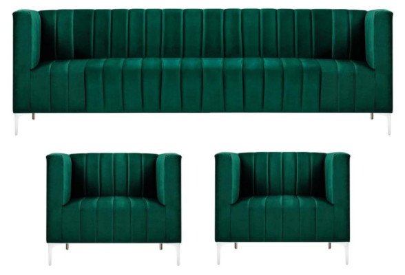 Sofa set Three Seater Fabric Living room Velvet Design Green Sofa 2 Armchair Group