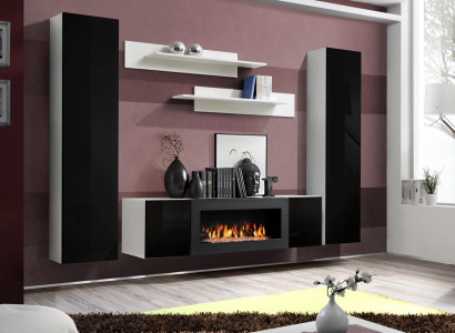 Wall unit TV lowboard with fireplace Living room Designer wall shelves Wall cabinet Wood