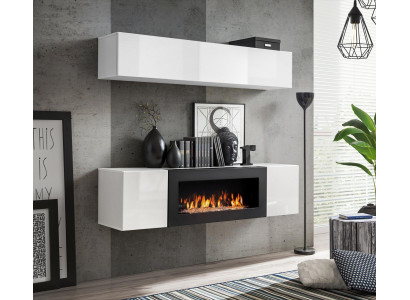 Wall unit hanging sideboard wardrobe 2 pieces with fireplace cabinets black high gloss