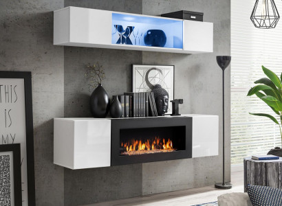 White Wall unit Luxury Hanging Sideboard Wardrobe 2pcs with Fireplace Living room Furniture