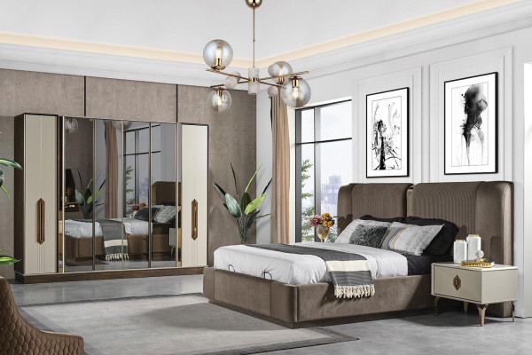 Luxury Brown Bedroom Set Upholstery Bed 2x Bedside tables Wardrobe