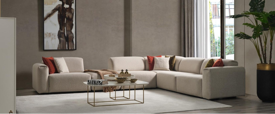 Beige Living room Sofa Designer Corner sofa L-shape Luxury Couch Upholstered furniture