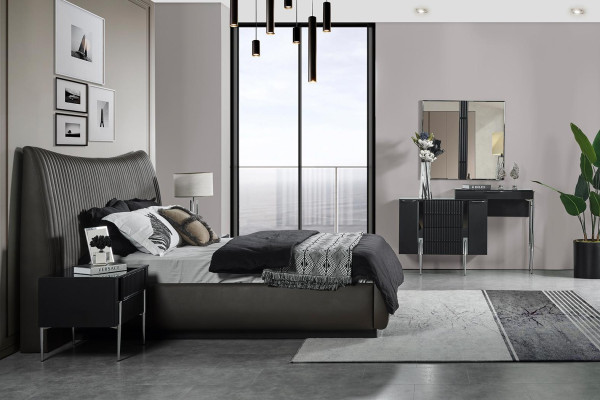 Black Bedroom Set Designer Bed 2x Bedside tables Dressing table 5 pieces
