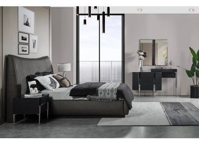 Black Bedroom Set Designer Bed 2x Bedside tables Dressing table 5 pieces