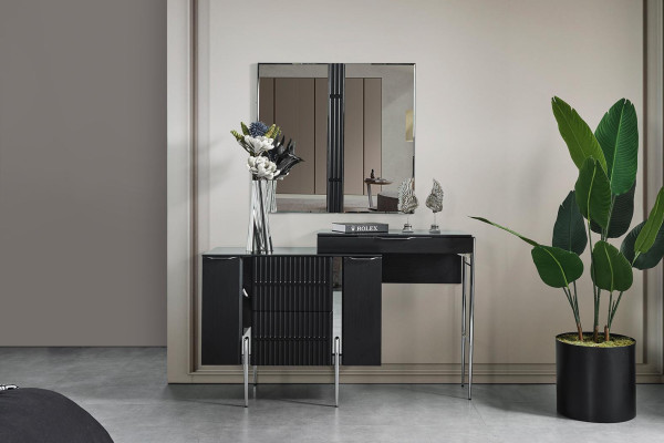 Black Bedroom Set Designer Bed 2x Bedside tables Dressing table 5 pieces