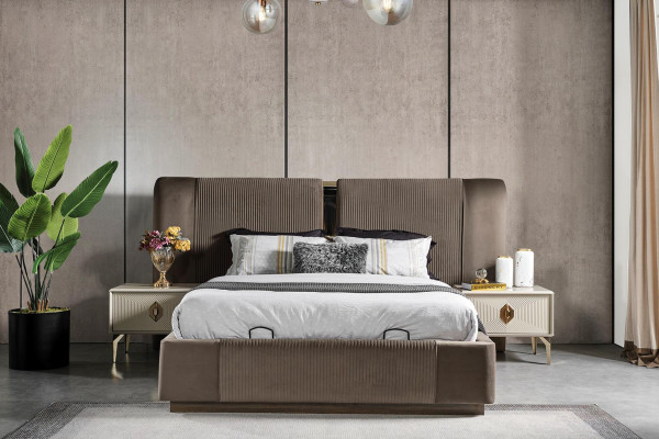 Brown Bedroom Set Designer Double bed 2x Bedside tables Luxury Furniture