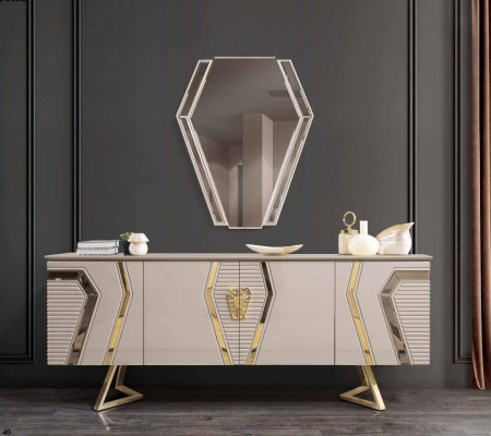 Luxury White-Golden Chest of drawers with Mirror Designer Sideboard Wooden Furniture