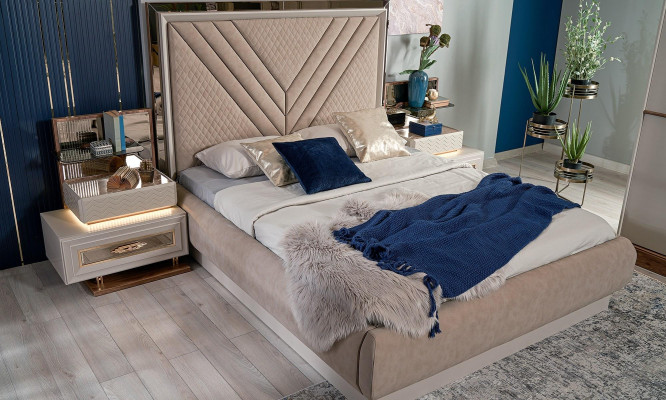 Double bed Complete e Bedroom Bed Beige 4-piece Wood Dressing table