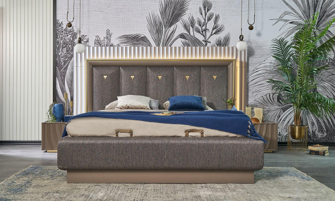 Double bed Complete e Bedroom Bed Brown Set 3-piece Bedside tables Wood