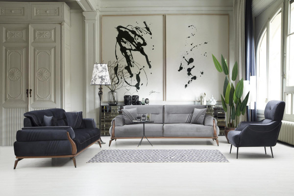 Designer upholstered sofas living room set 2x three-seater sofas luxury armchair