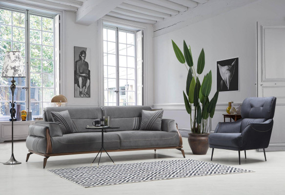 Designer upholstered sofas living room set 2x three-seater sofas luxury armchair