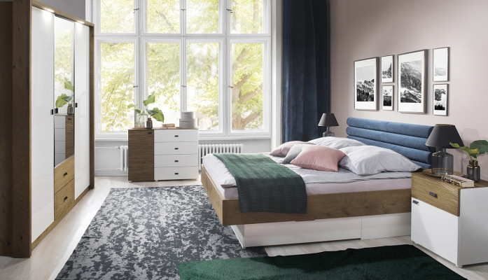 Set Designer Upholstered bed Bed Beds Fabric Marriage bed Designer bed Bedside table 2 pieces.
