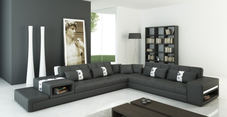 Modern living feeling L-shaped corner sofa in dark gray with stylish faux leather upholstery