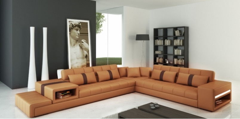 Modern living feeling L-shaped corner sofa in dark gray with stylish faux leather upholstery