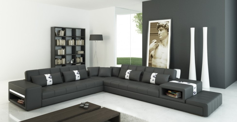 Modern living feeling L-shaped corner sofa in dark gray with stylish faux leather upholstery