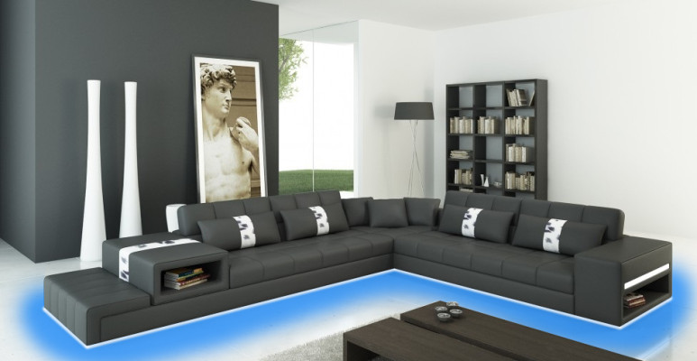 Modern living feeling L-shaped corner sofa in dark gray with stylish faux leather upholstery
