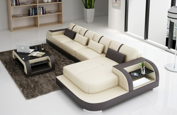 Leather sofa Corner sofa Corner sofa Upholstery Seat Corner Suite Living landscape H4 White LED