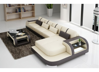 Leather sofa Corner sofa Corner sofa Upholstery Seat Corner Suite Living landscape H4 White LED