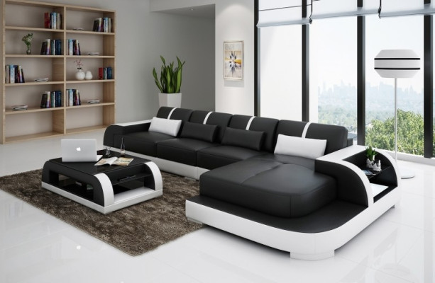 Leather sofa Corner sofa Corner sofa Upholstery Seat Corner Suite Living landscape H4 White LED