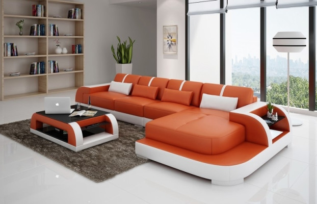 Leather sofa Corner sofa Corner sofa Upholstery Seat Corner Suite Living landscape H4 White LED