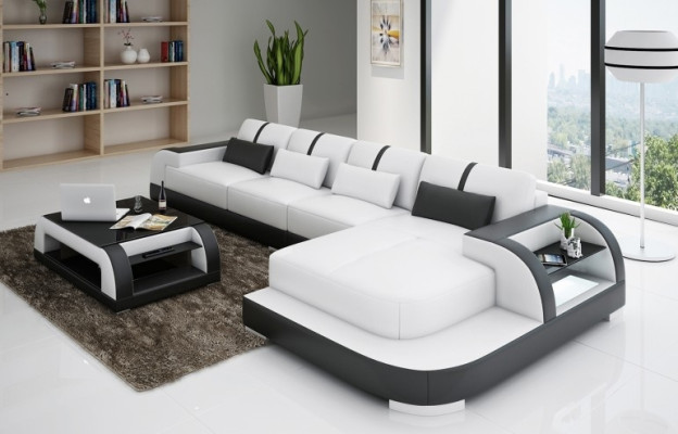 Leather sofa Corner sofa Corner sofa Upholstery Seat Corner Suite Living landscape H4 White LED