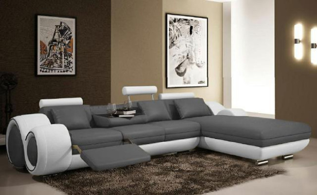 Corner sofa Living landscape Couch Leather sofa Sofa Upholstery Suite Corner - Grey-White