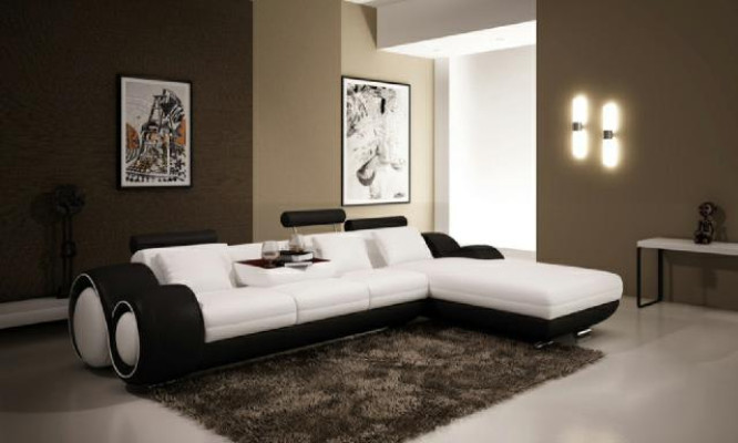 Corner sofa Living landscape Couch Leather sofa Sofa Upholstery Suite Corner - Grey-White