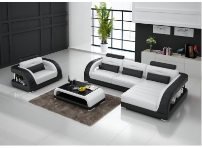 Leather sofa Couch Living landscape Corner sofa + Armchair new Suite Design Sofa with USB