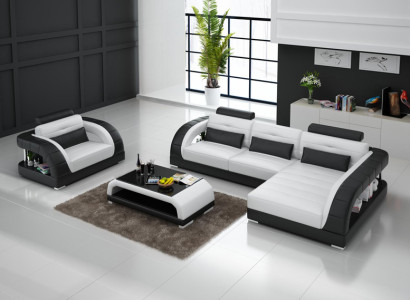 Leather sofa Couch Living landscape Corner sofa + Armchair new Suite Design Sofa with USB