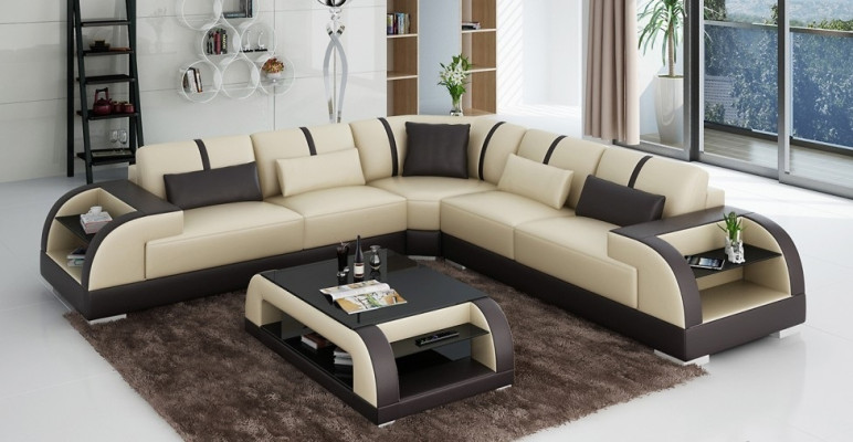 Design Corner Leather Sofa Couch Upholstery Suite Living landscape L-shape Modern Beige