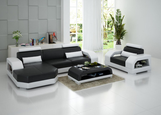 Leather sofa Couch Living landscape Corner sofa + Armchair Suite Design Modern LED USB