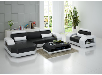 Leather sofa Couch Living landscape Corner sofa + Armchair Suite Design Modern LED USB