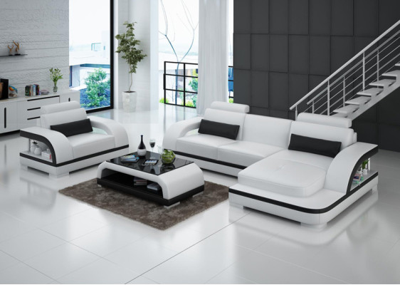 Leather sofa Couch Living landscape Corner sofa + Armchair Suite Modern Sofa LED + USB