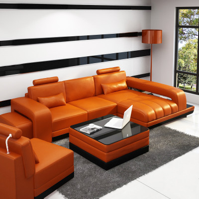 Leather sofa Couch Living landscape Corner sofa Corner Suite Design Sofa USB Orange new
