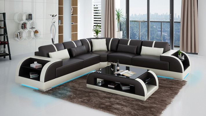 Leather sofa Couch Living landscape Corner sofa Corner Suite Design Modern LED USB Sofa