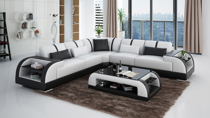 Leather sofa Couch Living landscape Corner sofa Corner Suite Design Modern LED USB Sofa