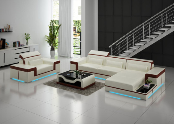 Leather sofa Couch Living landscape Corner sofa + Armchair Corner Suite Decor Design