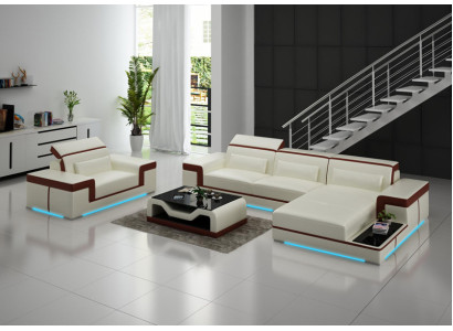 Leather sofa Couch Living landscape Corner sofa + Armchair Corner Suite Decor Design