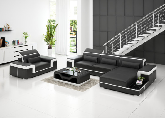 Leather sofa Couch Living landscape Corner sofa + Armchair Corner Suite Decor Design