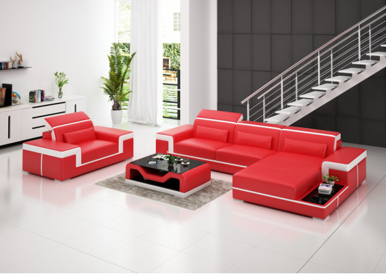Leather sofa Couch Living landscape Corner sofa + Armchair Corner Suite Decor Design
