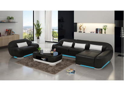 Leather sofa Couch Living landscape Corner sofa + Armchair Eck Suite Design Sofa with USB